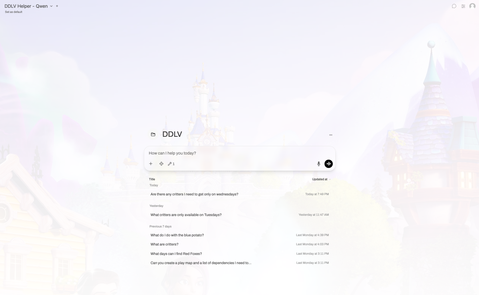 The OpenWebUI workspace for Disney Dreamlight Valley — dedicated model, system prompt, knowledge base, and tools.