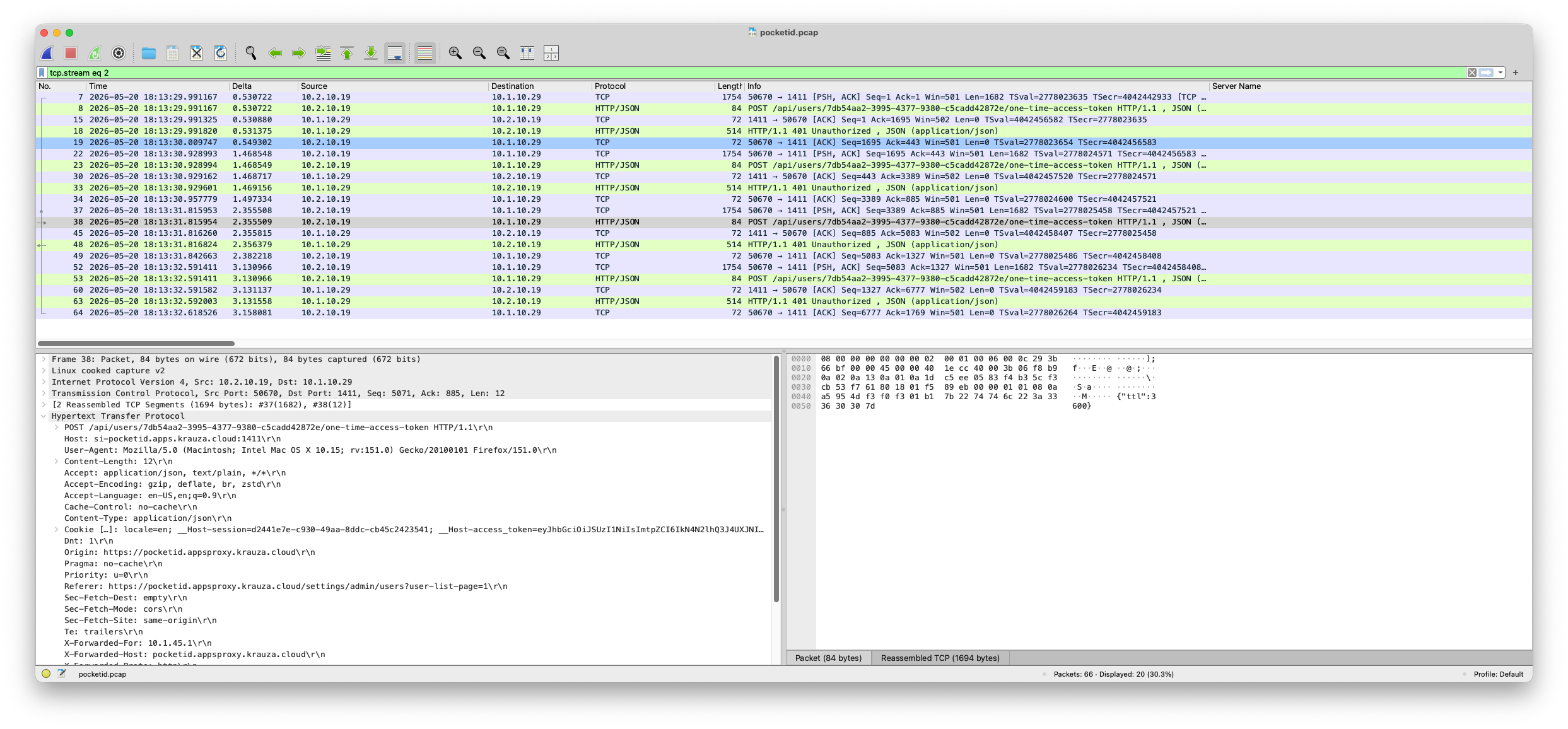 Wireshark packet capture of the traffic between Primary and Secondary Nodes